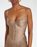 Cléophée gold pleated corset maxi dress