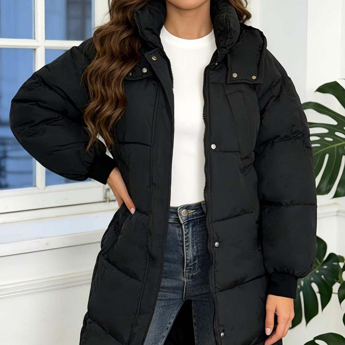 Janet Long Hooded Padded Coat in Black