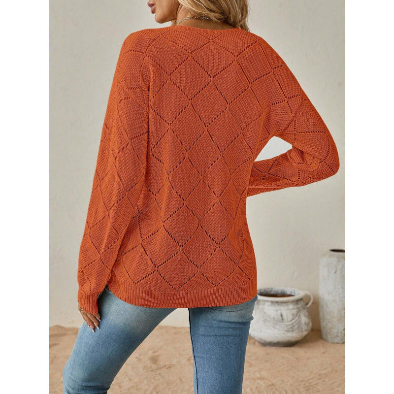 Stephanie Pointelle Diamond V Neck Jumper in Rust Orange