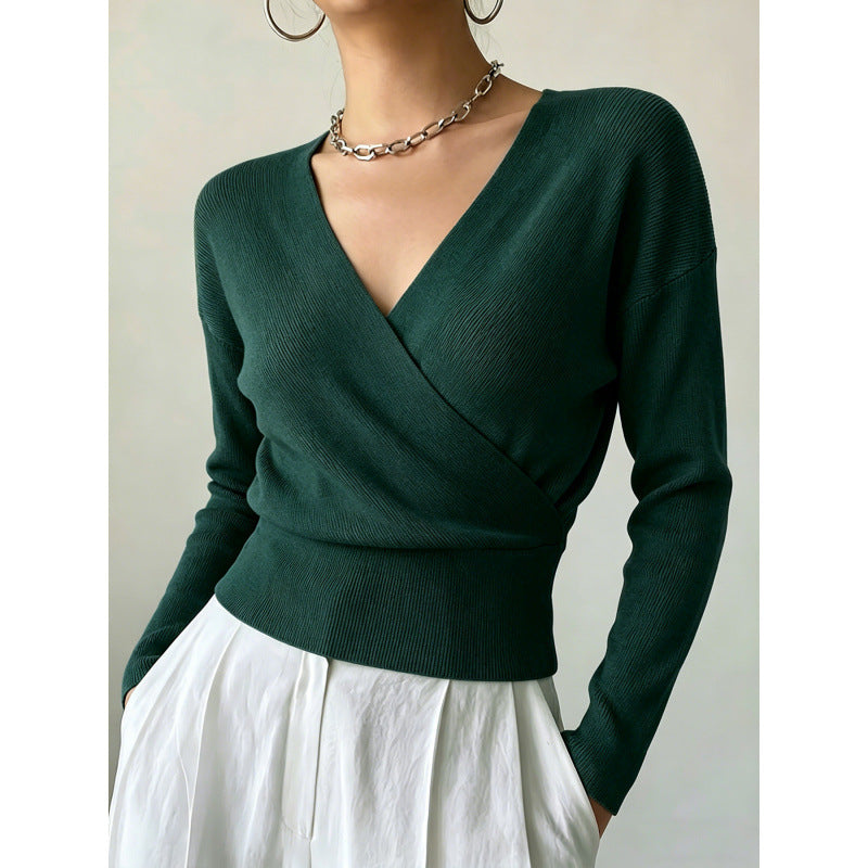 Rebecca Wrap Front Ribbed Knit Jumper in Forest Green