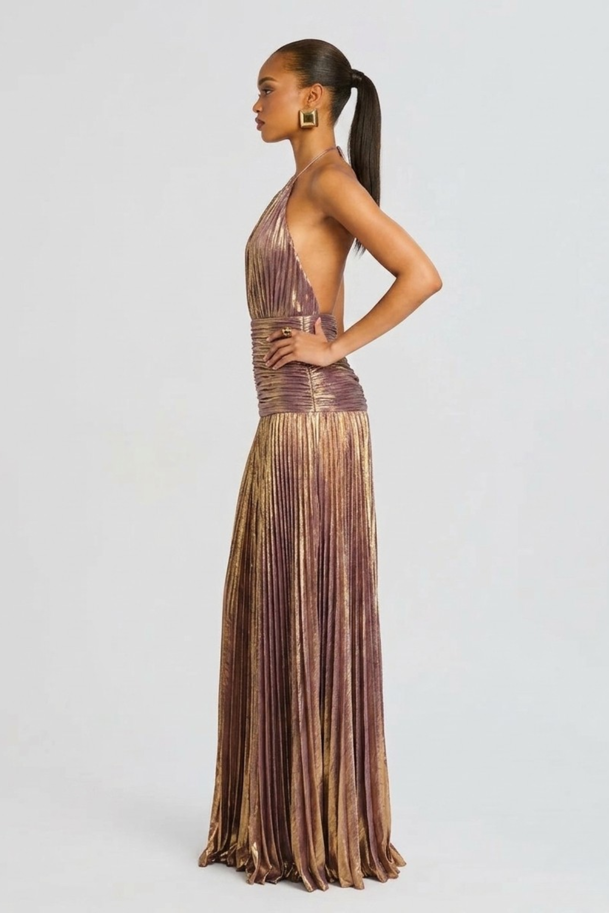 Aurelia metallic pleated halter maxi dress