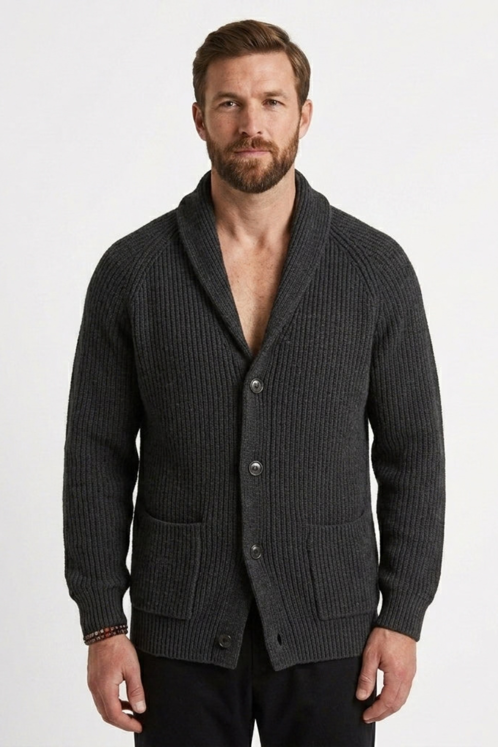 Men Shawl Collar Cardigan Chunky Ribbed Knit