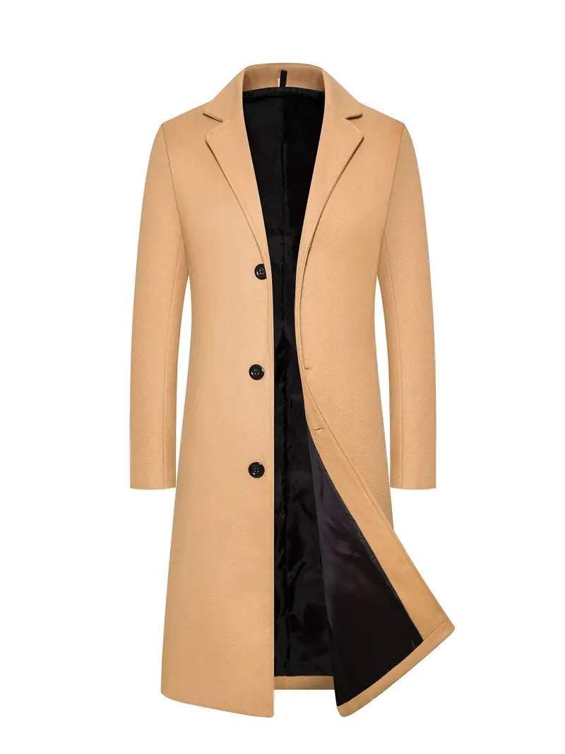 Graham Long Slim Fit Single Breasted Overcoat in Camel