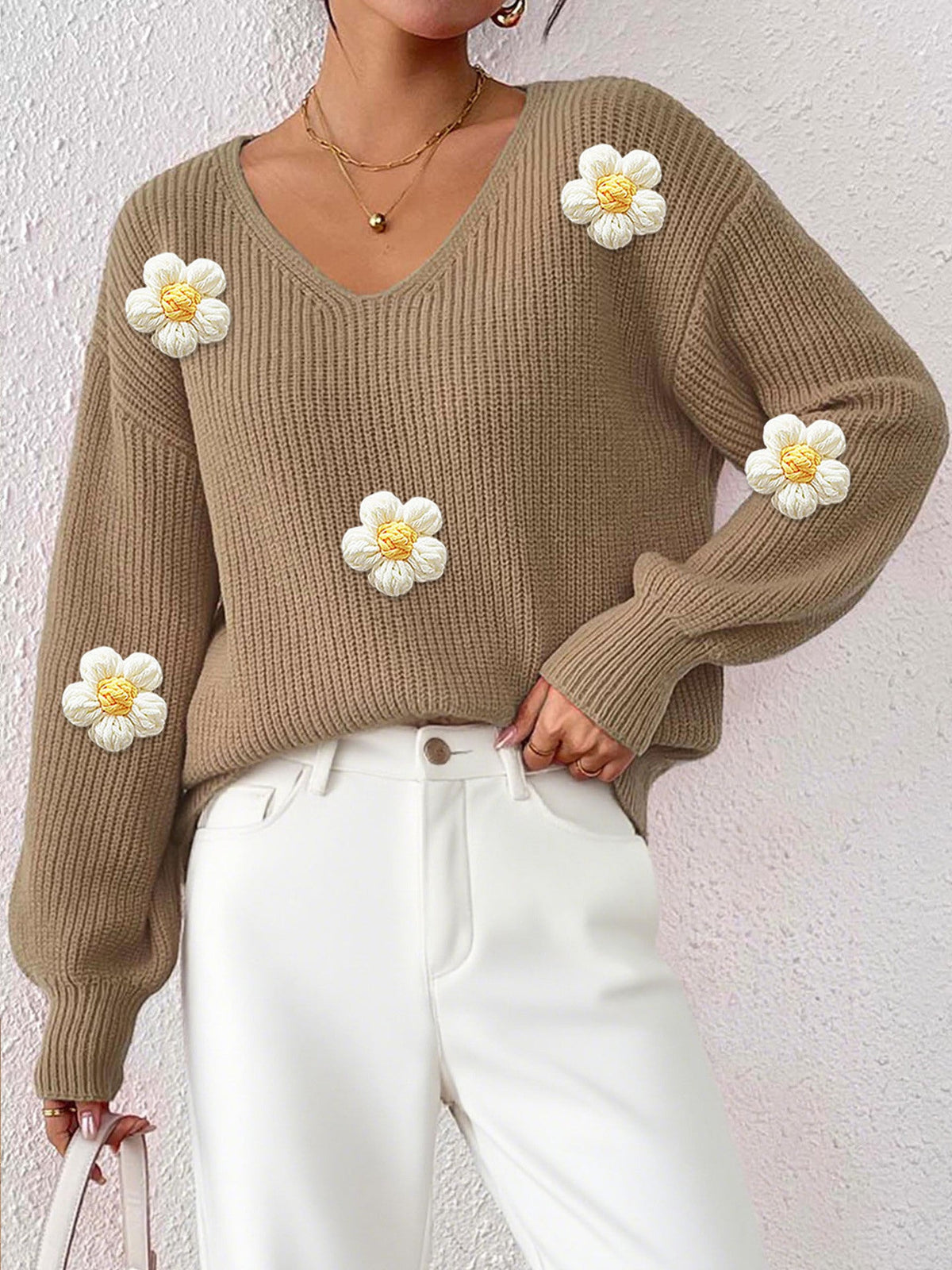 Teresa Flower Appliqué V Neck Jumper in Khaki