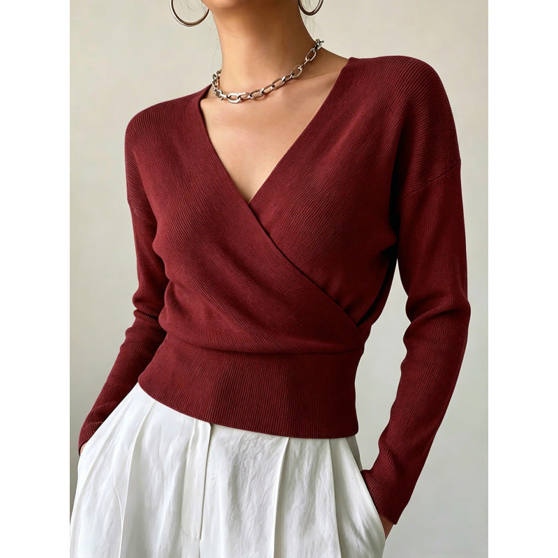 Rebecca Wrap Front Ribbed Knit Jumper in Burgundy