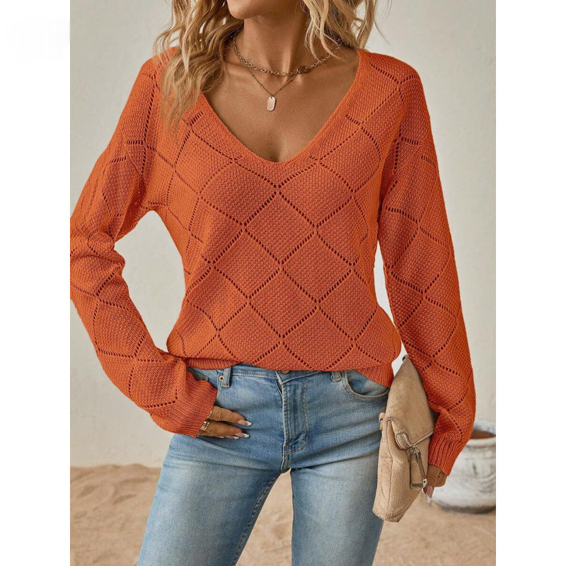 Stephanie Pointelle Diamond V Neck Jumper in Rust Orange