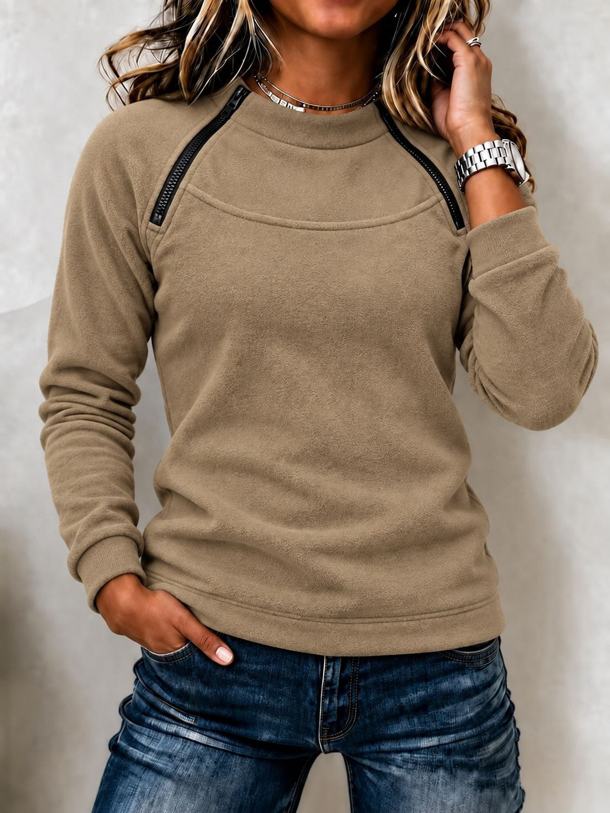 Stacey Zip Detail Crew Neck Sweatshirt in Khaki