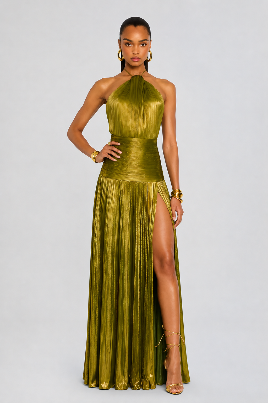 Aurelia metallic pleated halter maxi dress