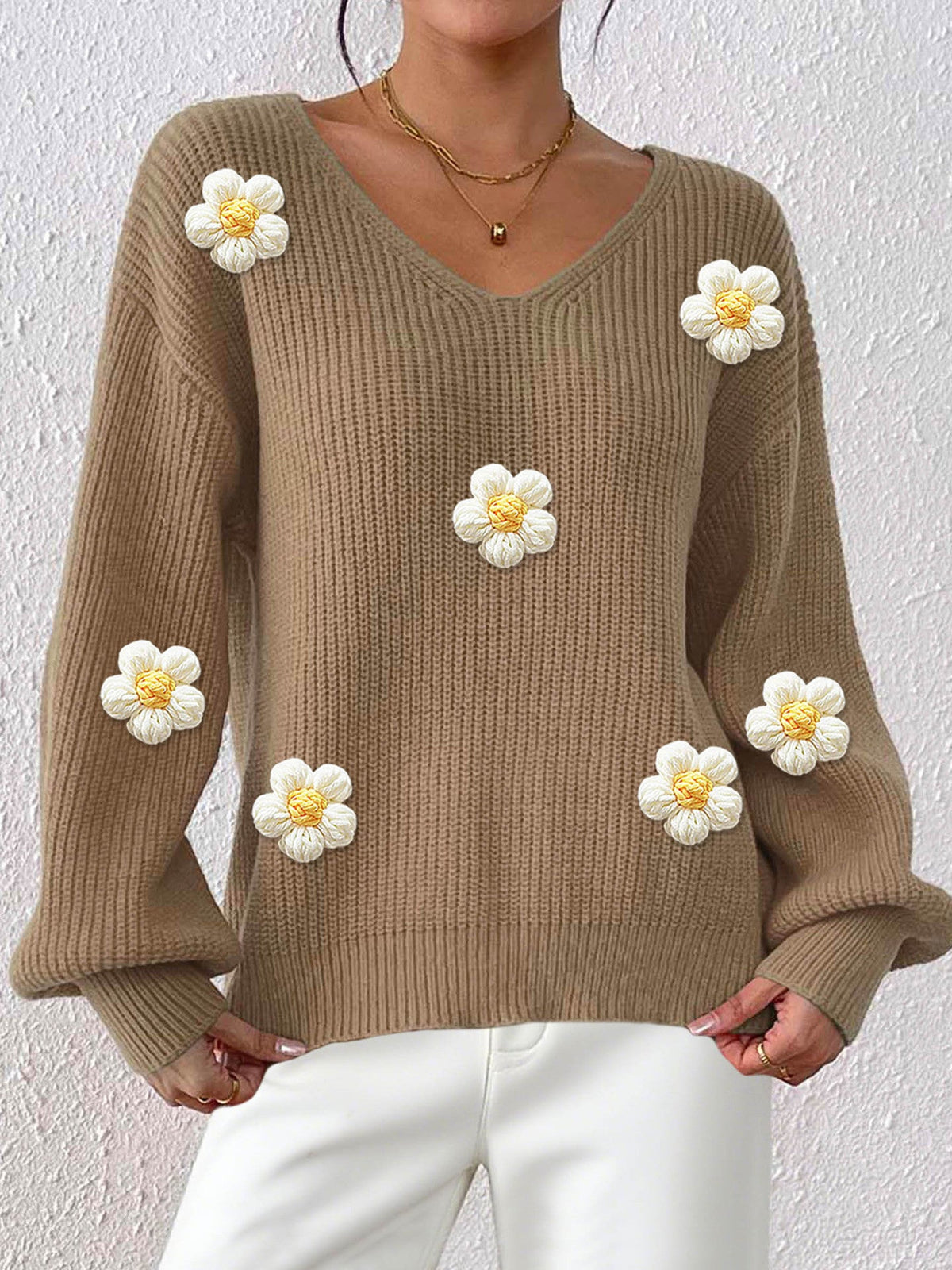 Teresa Flower Appliqué V Neck Jumper in Khaki