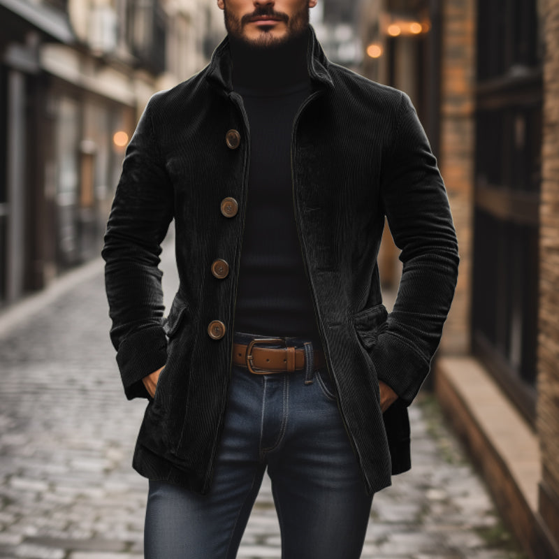 Henry Corduroy Stand Collar Short Coat in Black