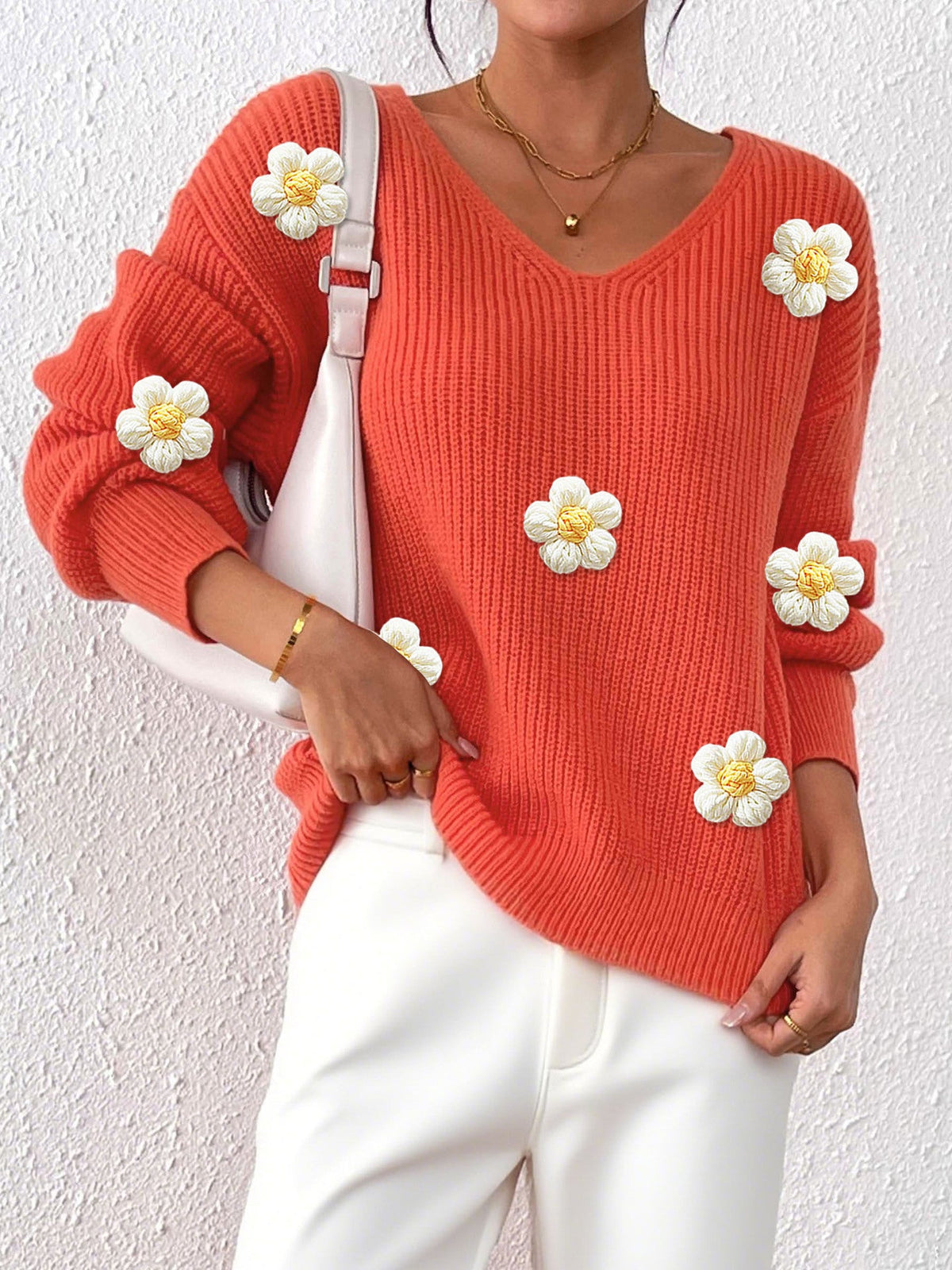 Teresa Flower Appliqué V Neck Jumper in Orange