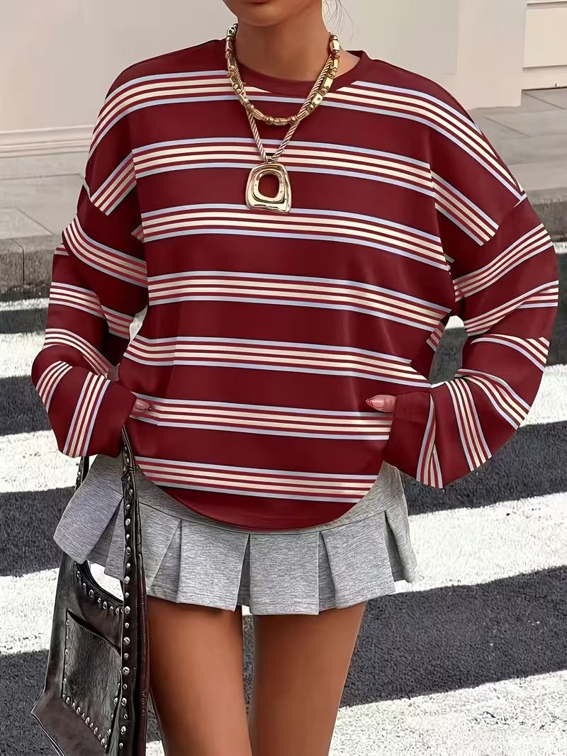 Tamsin Polka Dot Striped Long Sleeve Top in Burgundy Stripe