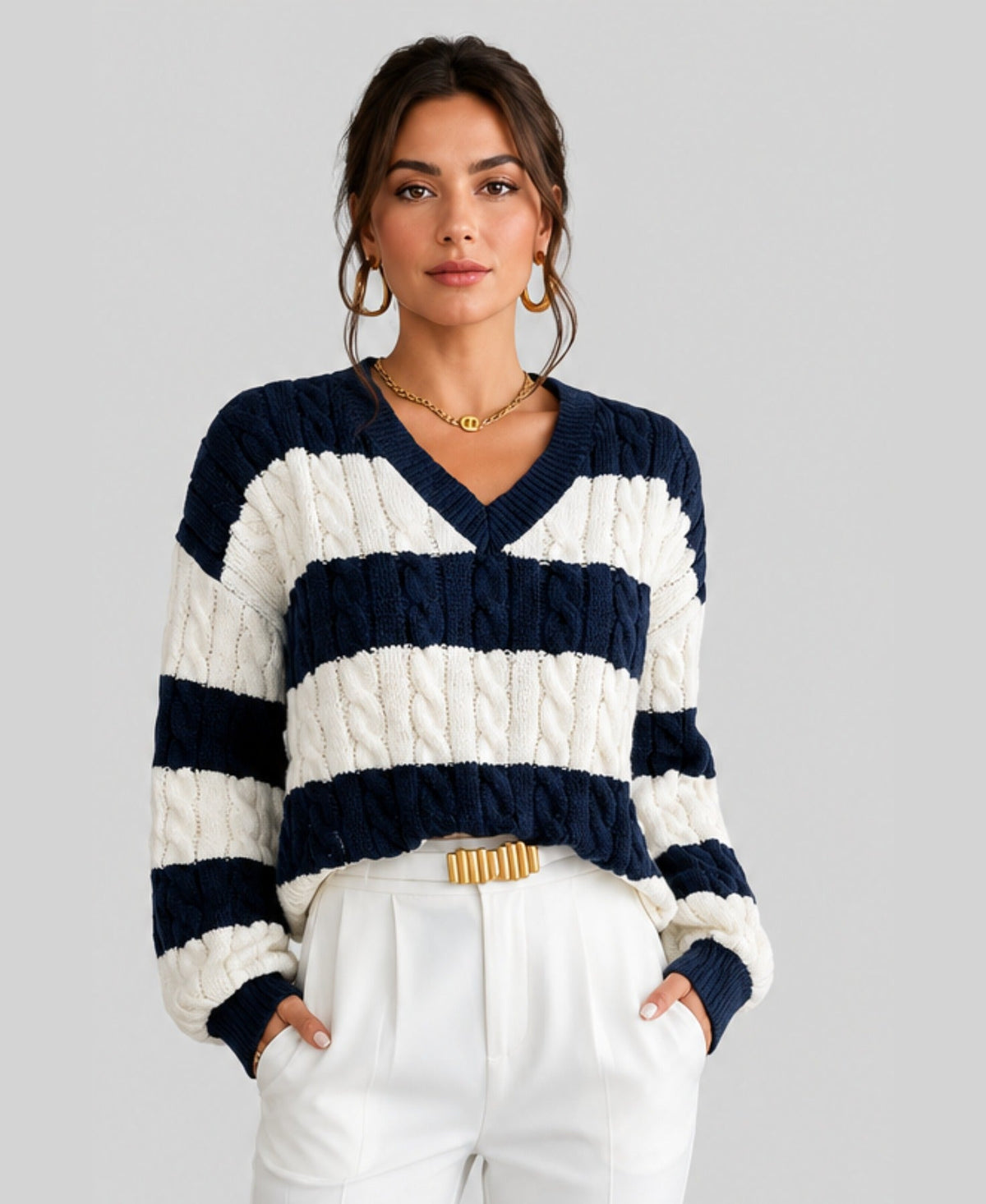 Marguerite Striped Cable Knit V-Neck Jumper