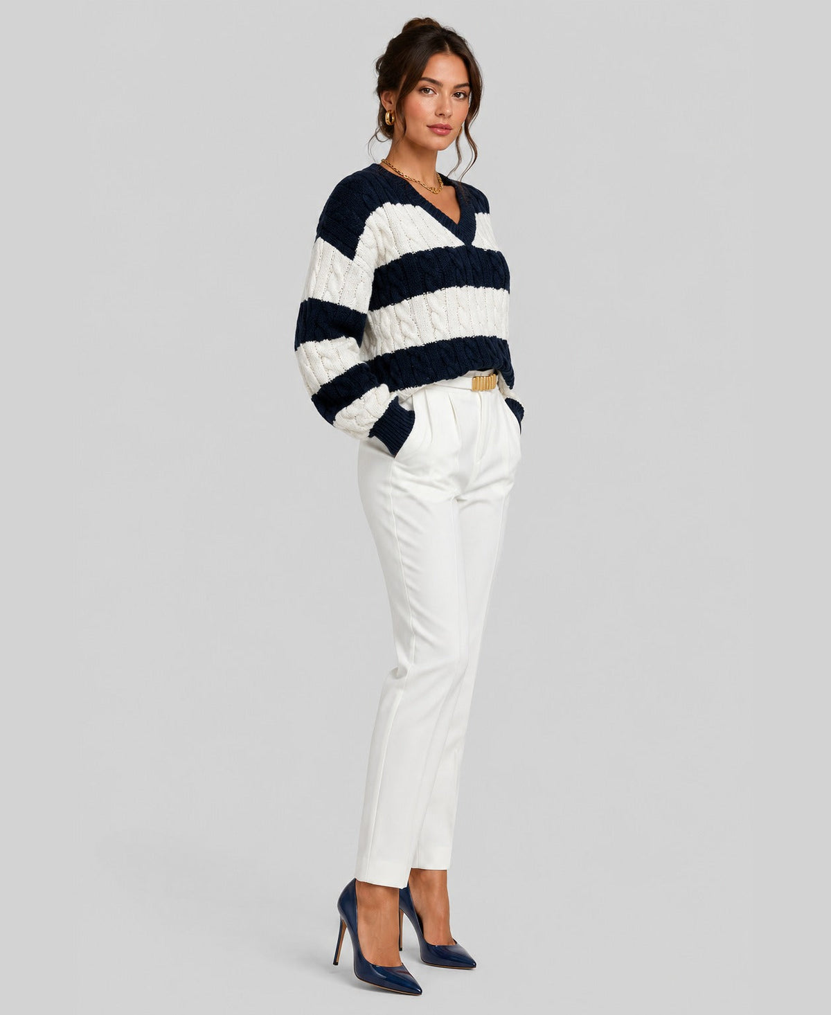 Marguerite Striped Cable Knit V-Neck Jumper