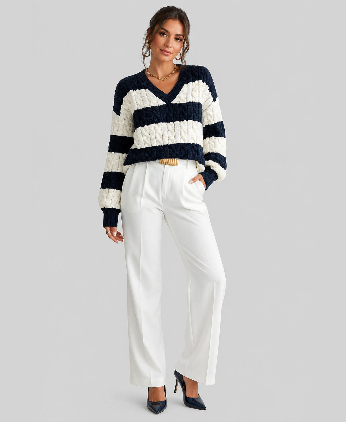 Marguerite Striped Cable Knit V-Neck Jumper