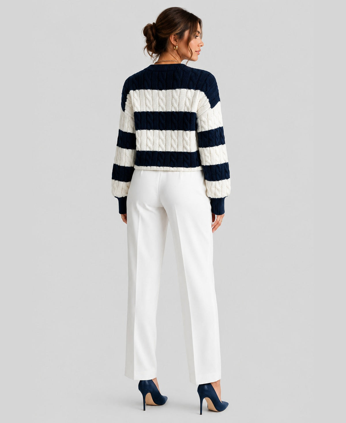 Marguerite Striped Cable Knit V-Neck Jumper