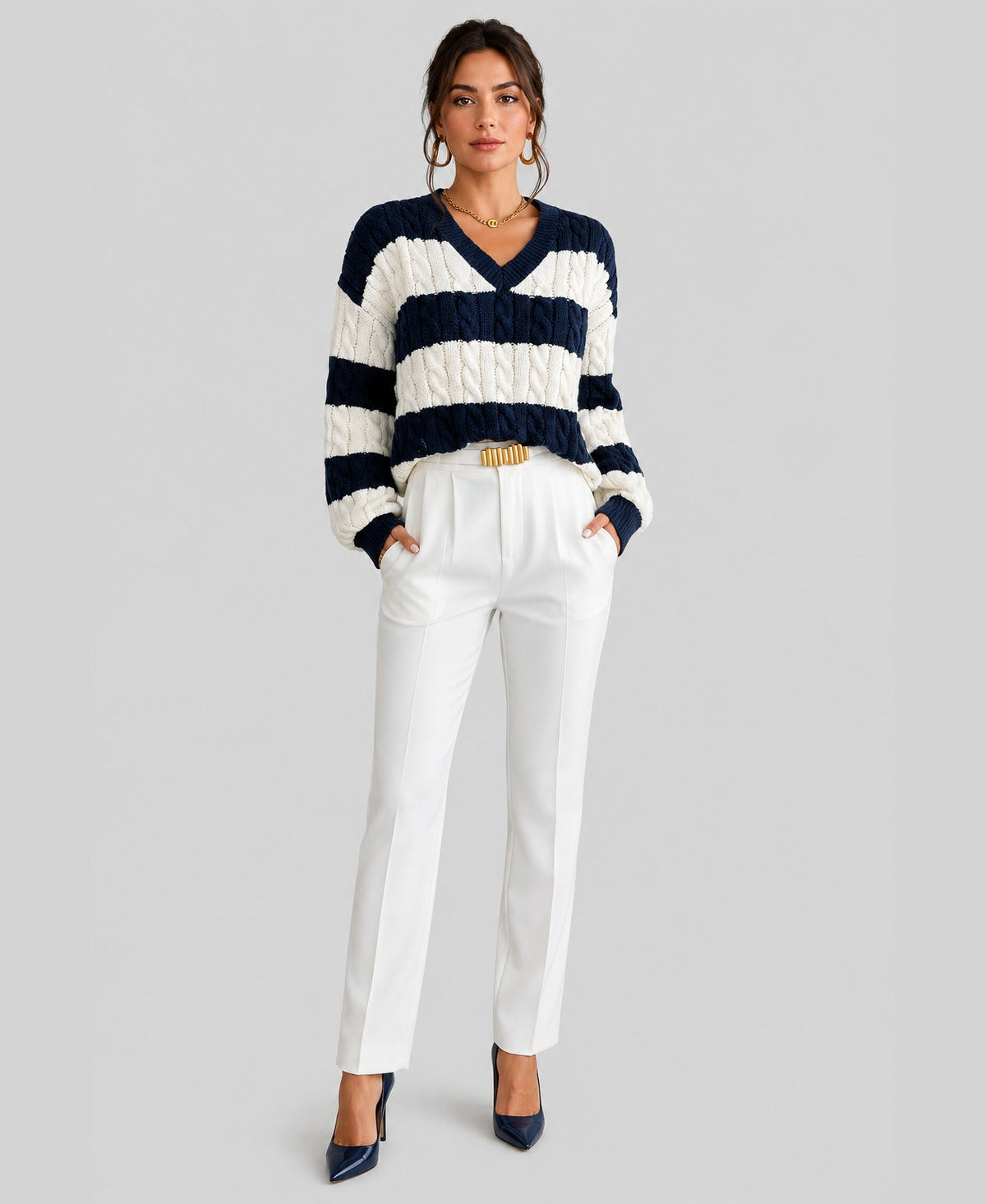Marguerite Striped Cable Knit V-Neck Jumper