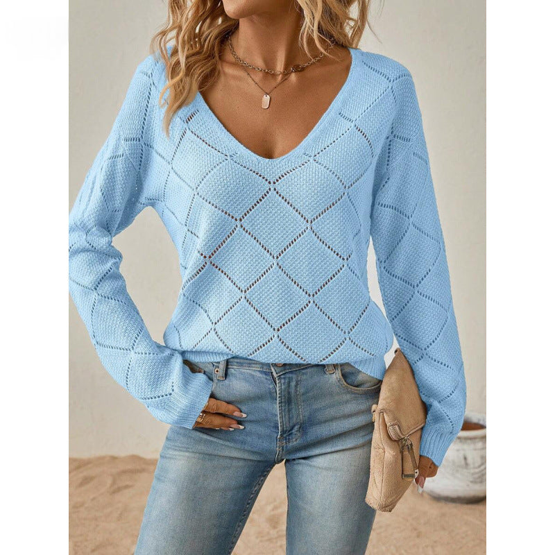 Stephanie Pointelle Diamond V Neck Jumper in Sky Blue