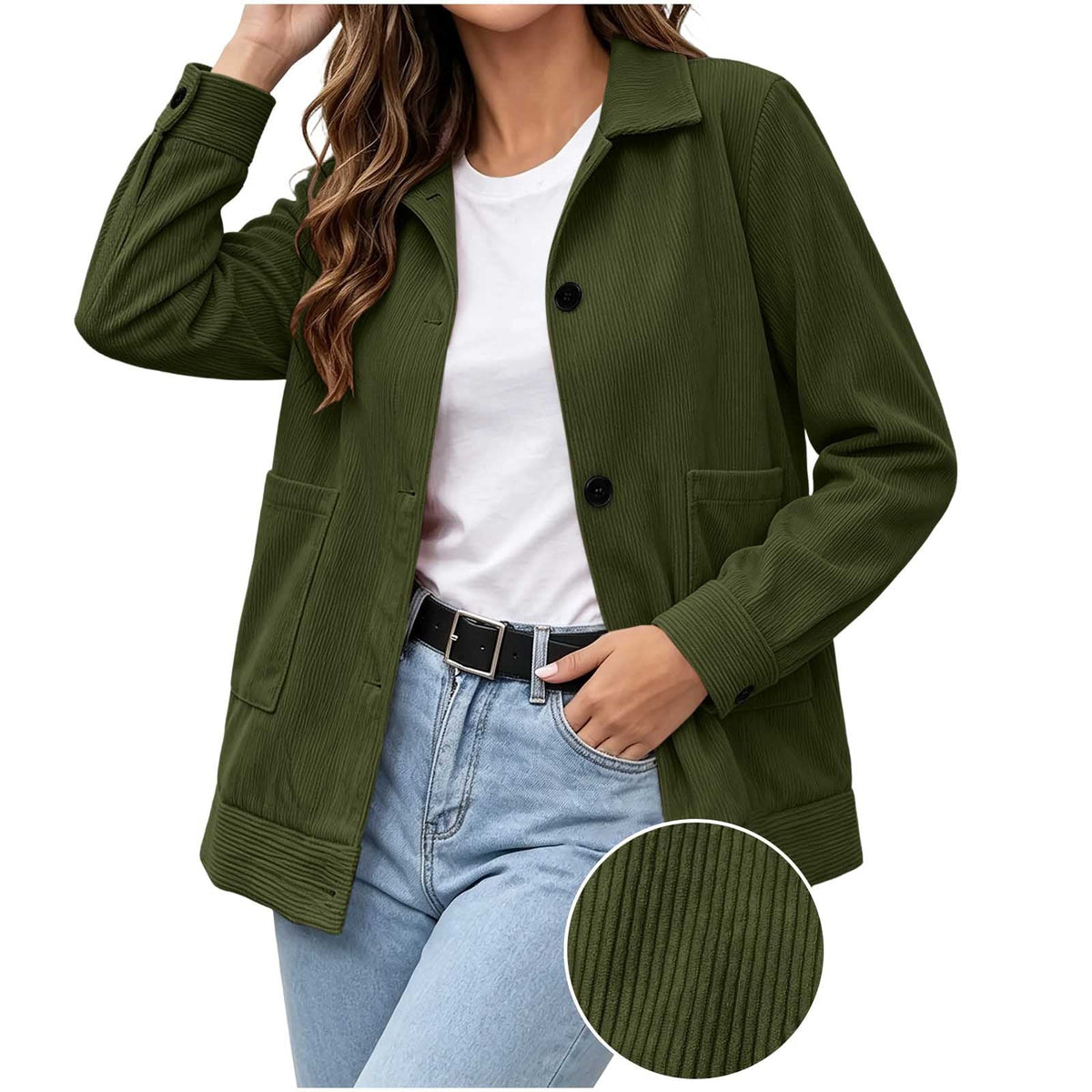 Lexi Corduroy Collared Button Jacket in Olive Green