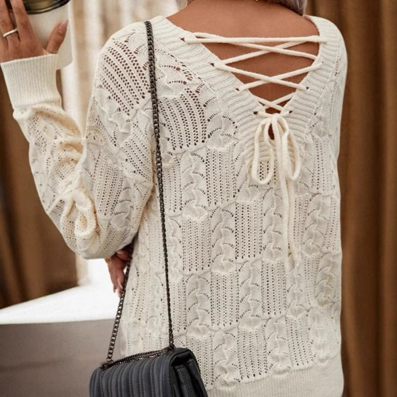 Skye Open Knit Lace Up Back Jumper in Cream