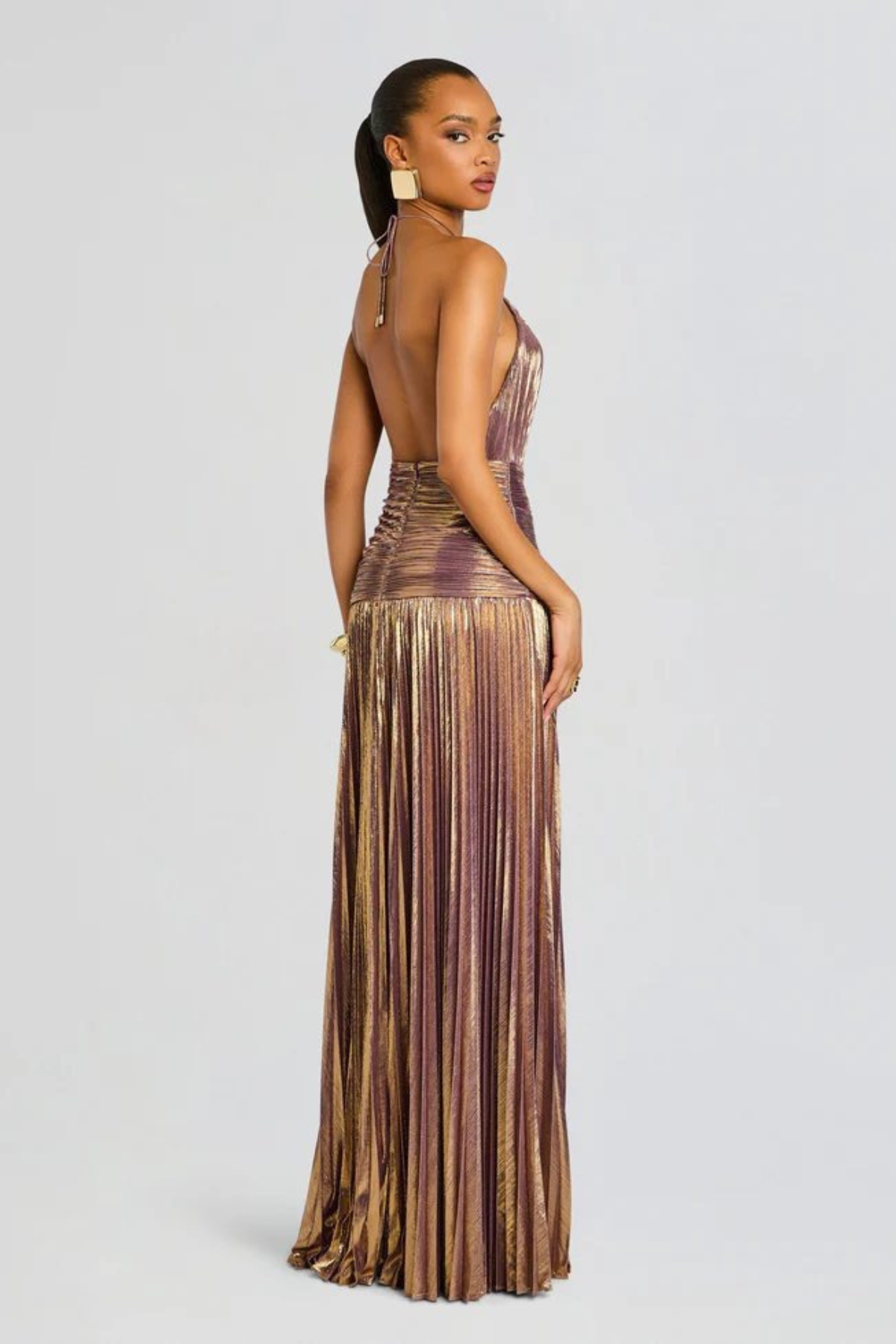 Aurelia metallic pleated halter maxi dress