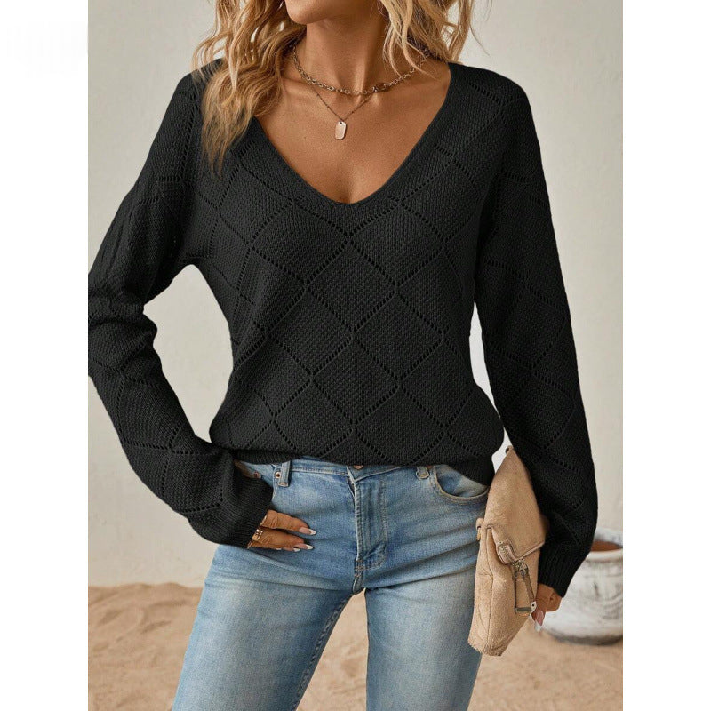 Stephanie Pointelle Diamond V Neck Jumper in Black