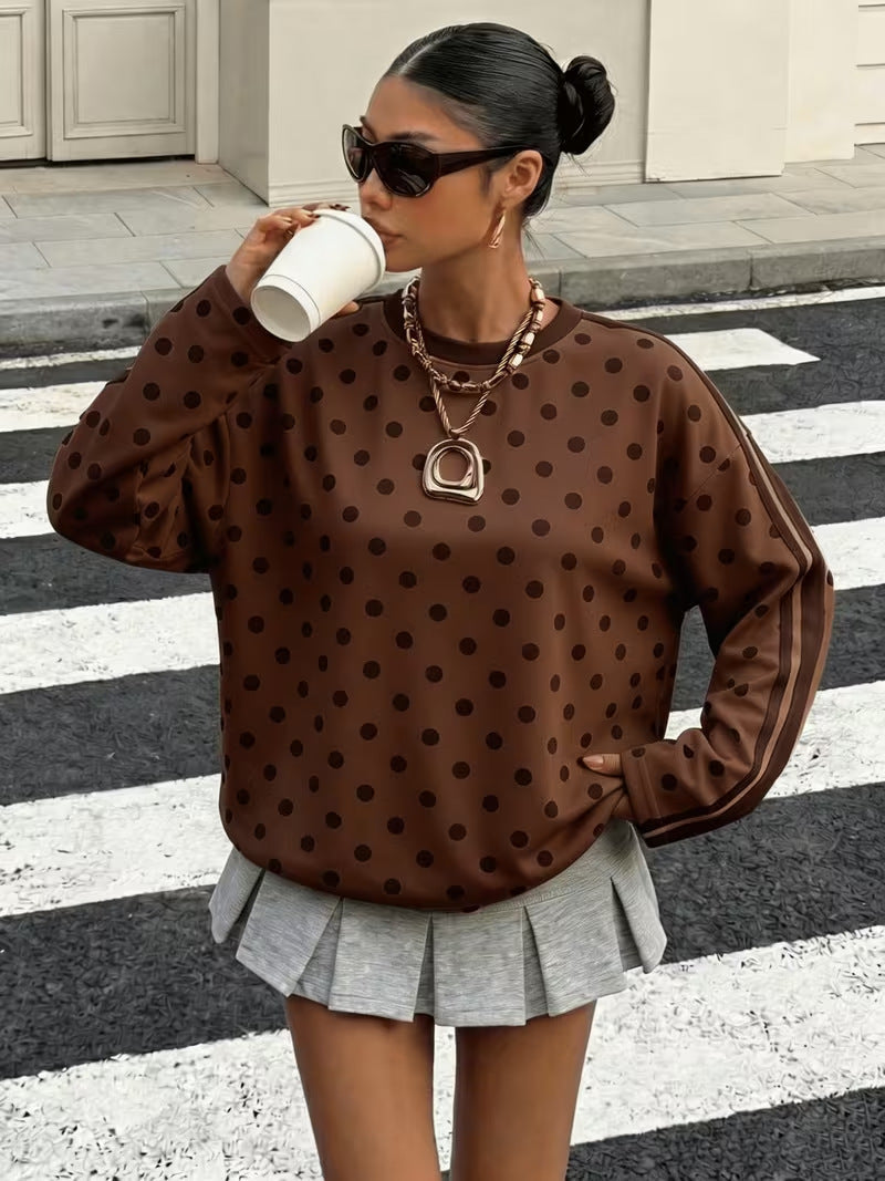 Tamsin Polka Dot Striped Long Sleeve Top in Brown Polka Dot