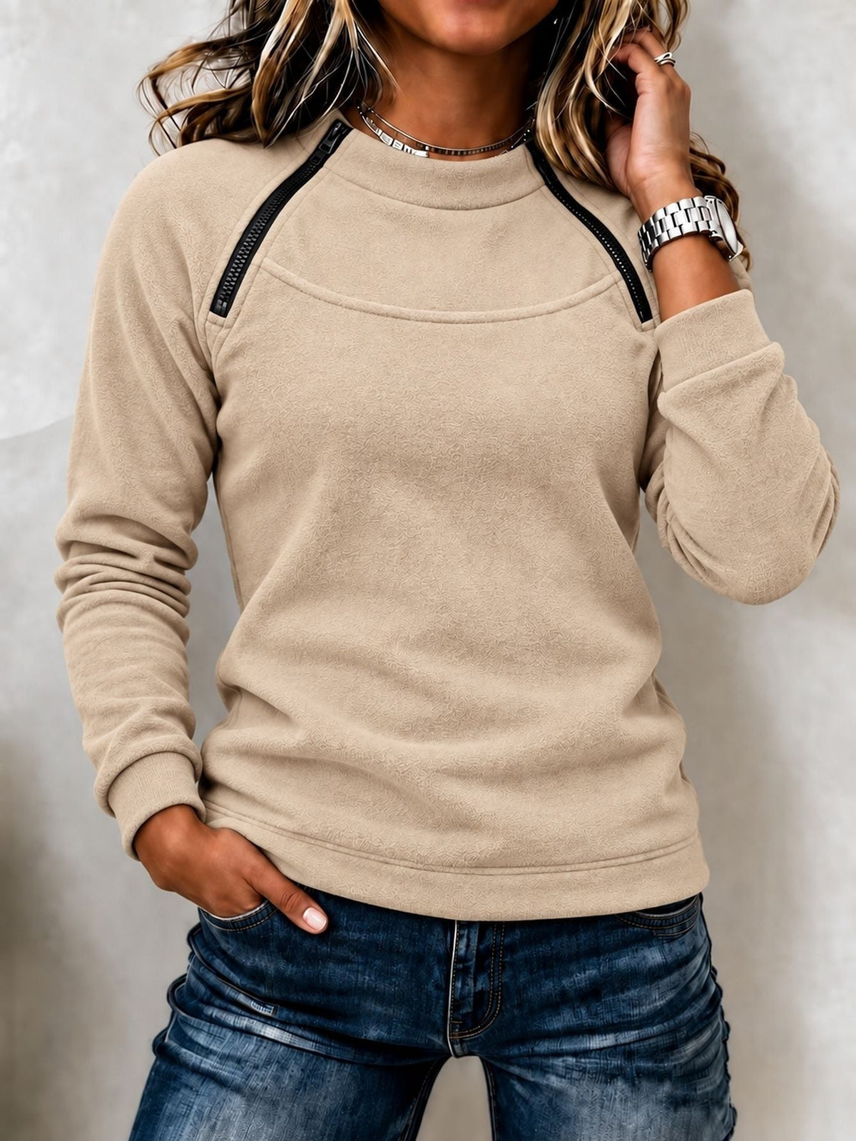 Stacey Zip Detail Crew Neck Sweatshirt in Beige