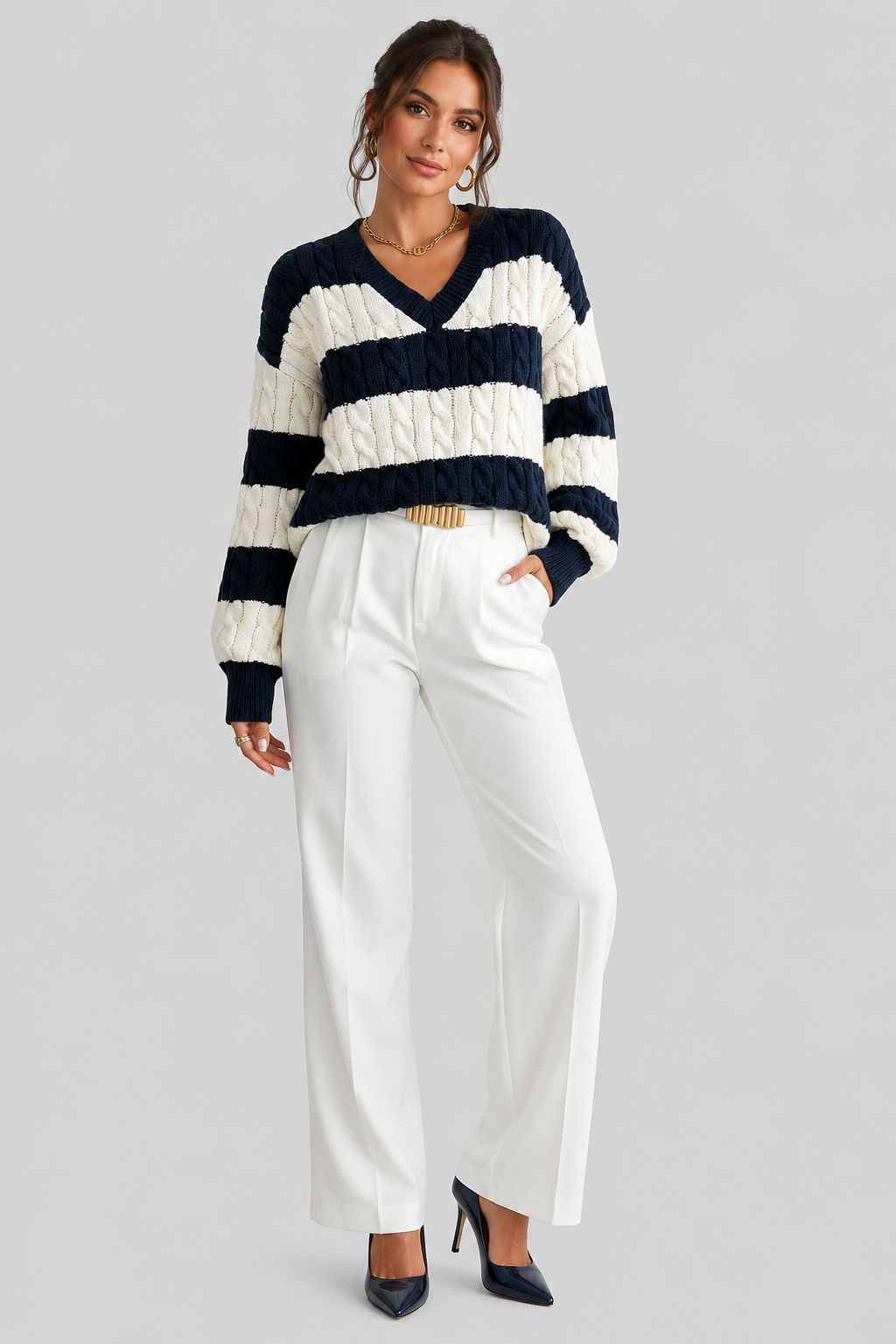 Women Oversized Striped Cable Knit Jumper