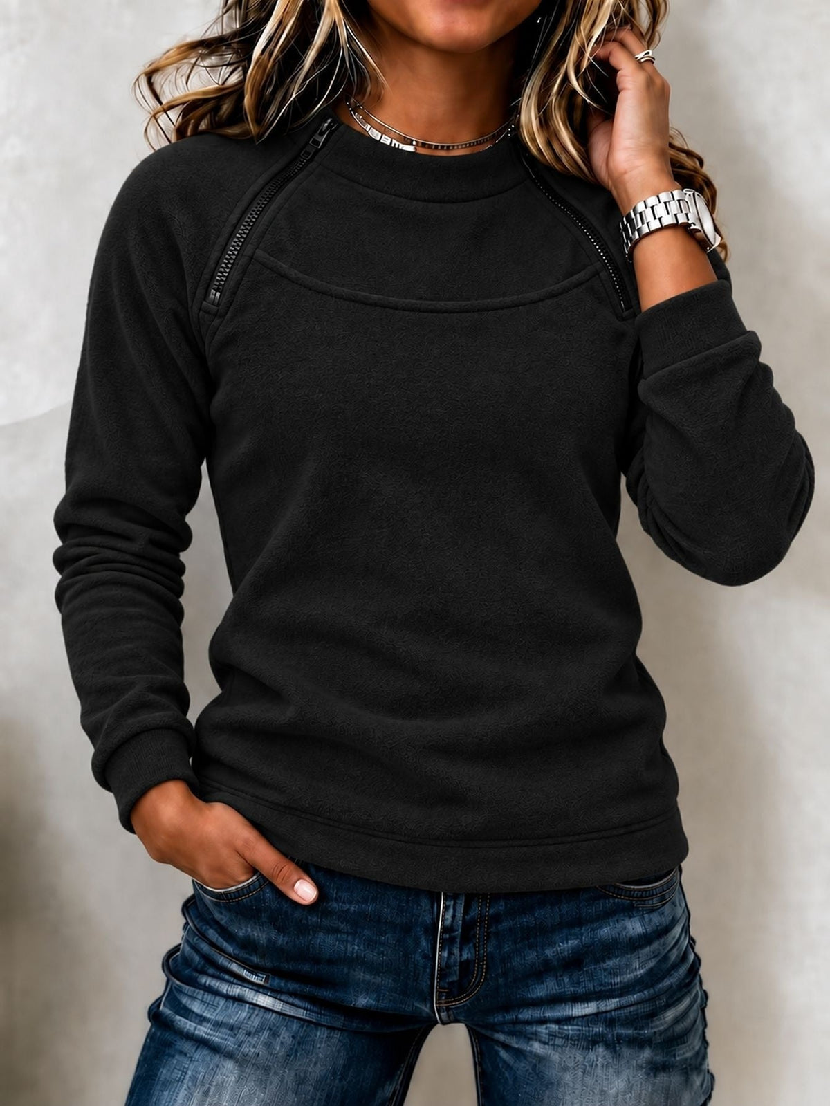 Stacey Zip Detail Crew Neck Sweatshirt in Black