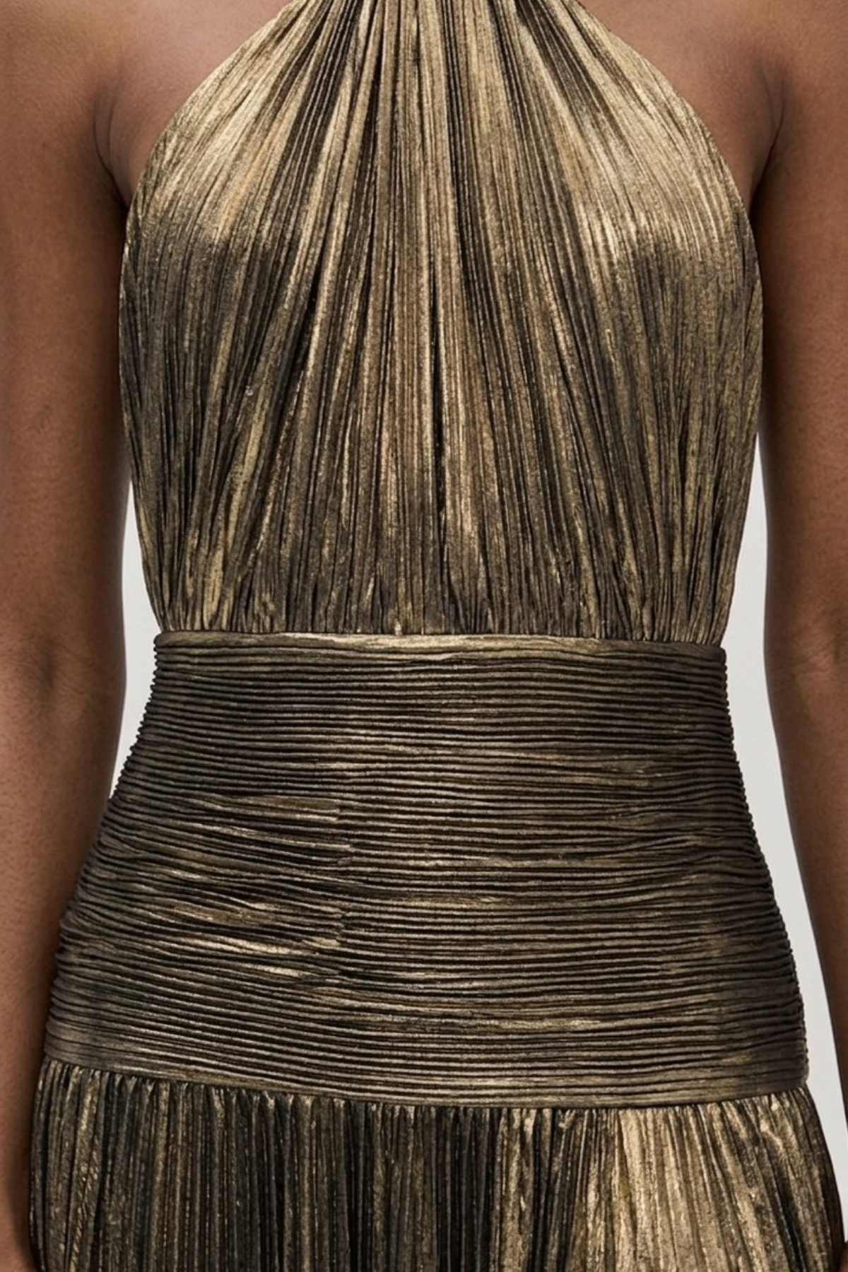 Aurelia metallic pleated halter maxi dress