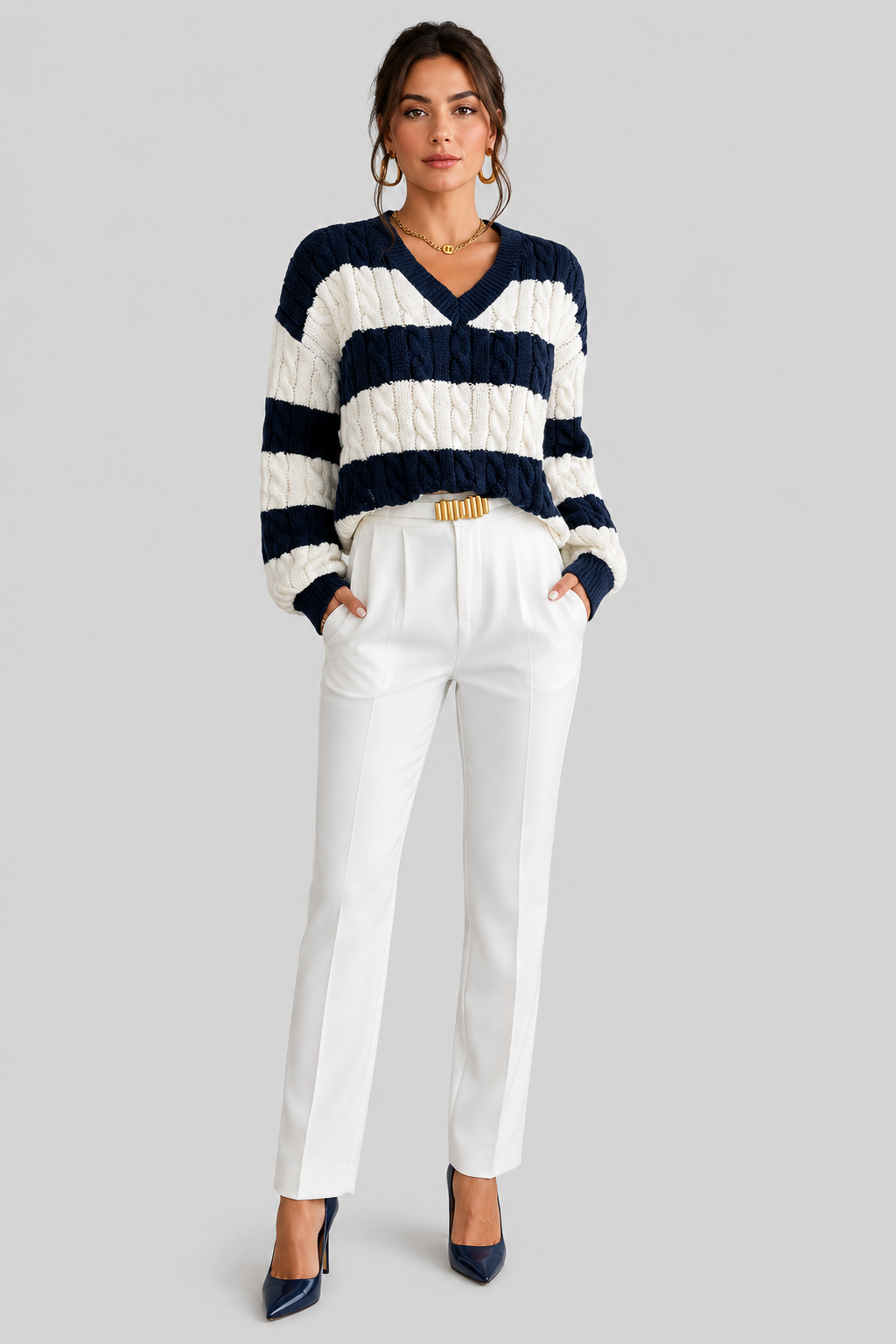 Women Oversized Striped Cable Knit Jumper
