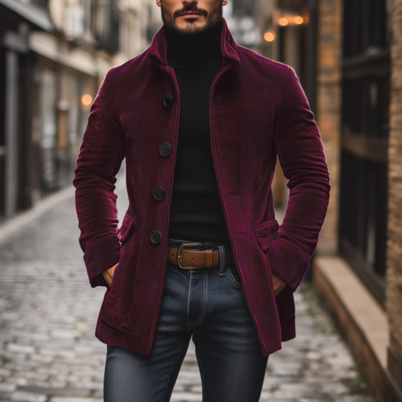 Henry Corduroy Stand Collar Short Coat in Wine