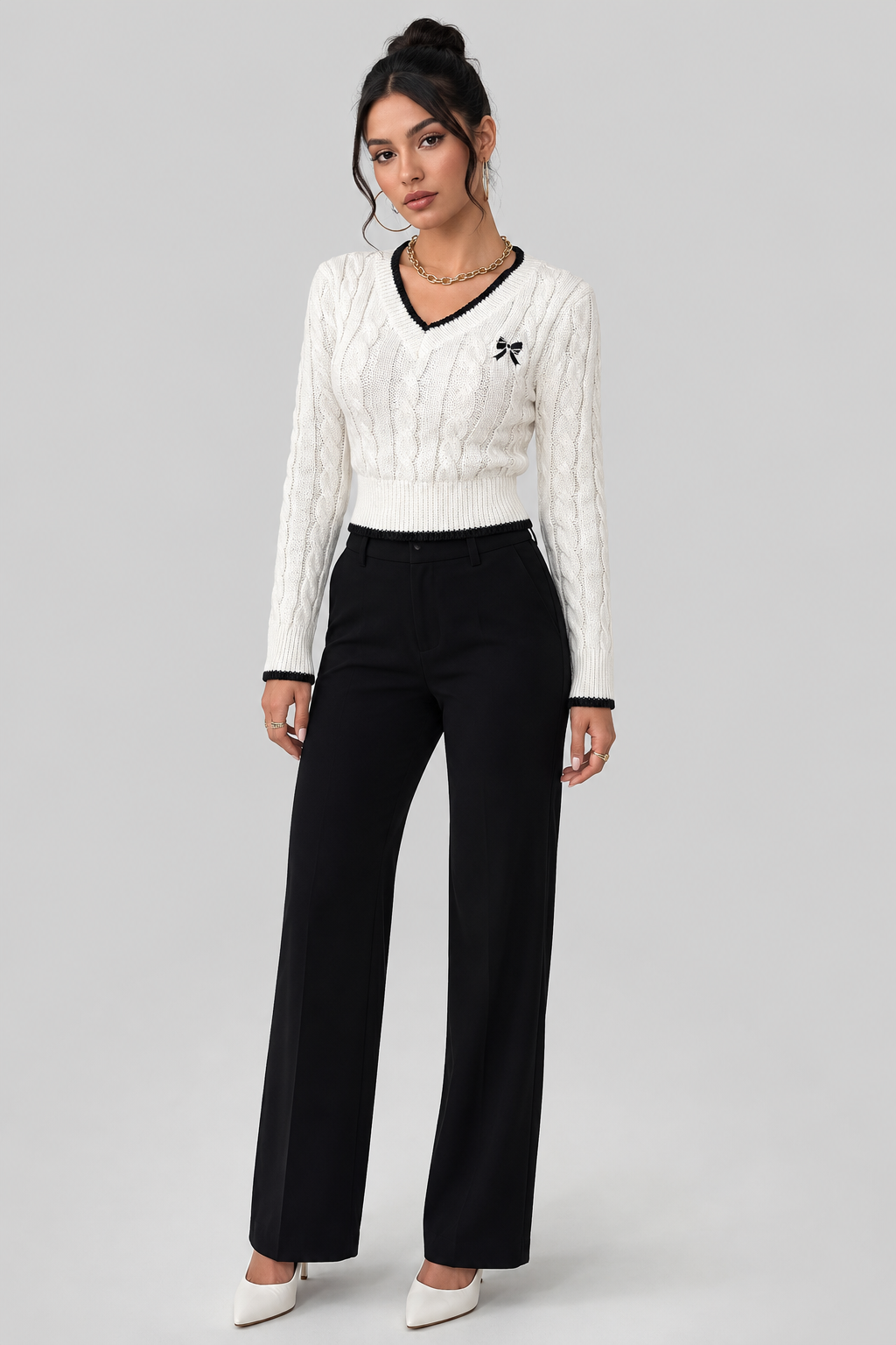 Femme Pull Court Maille Torsadée avec Nœud