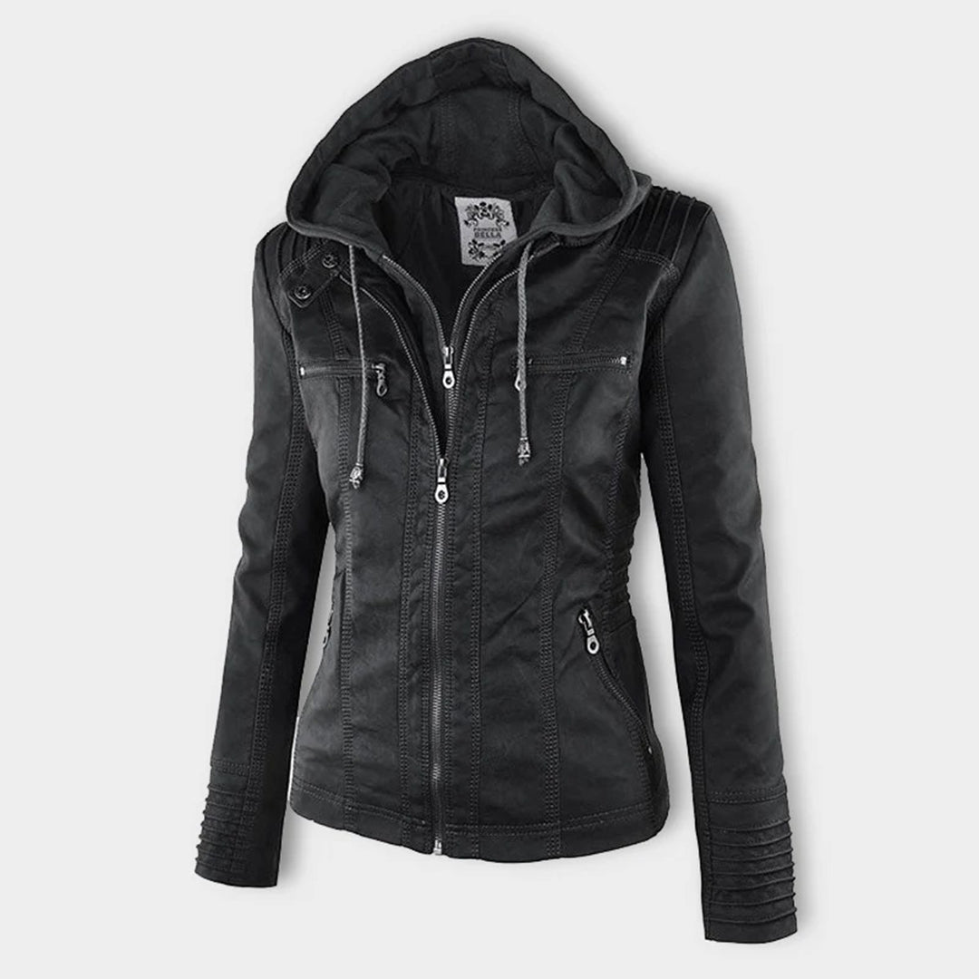Joanna Hooded Leather Look Biker Jacket in Black