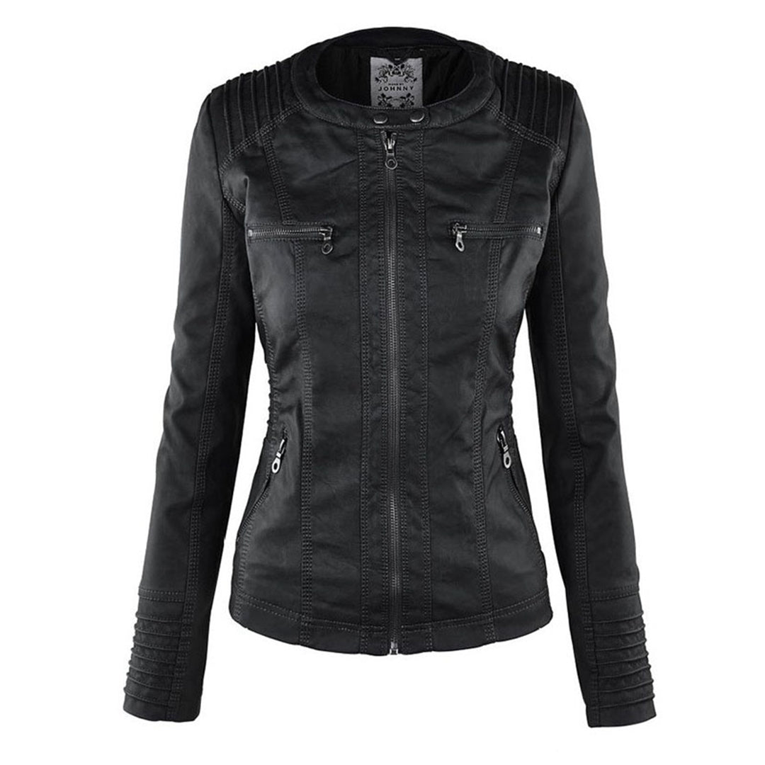 Joanna Hooded Leather Look Biker Jacket in Black