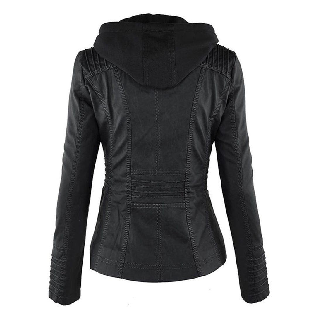 Joanna Hooded Leather Look Biker Jacket in Black