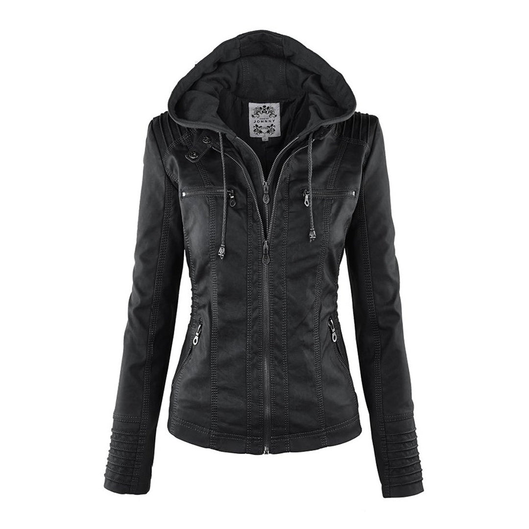 Joanna Hooded Leather Look Biker Jacket in Black