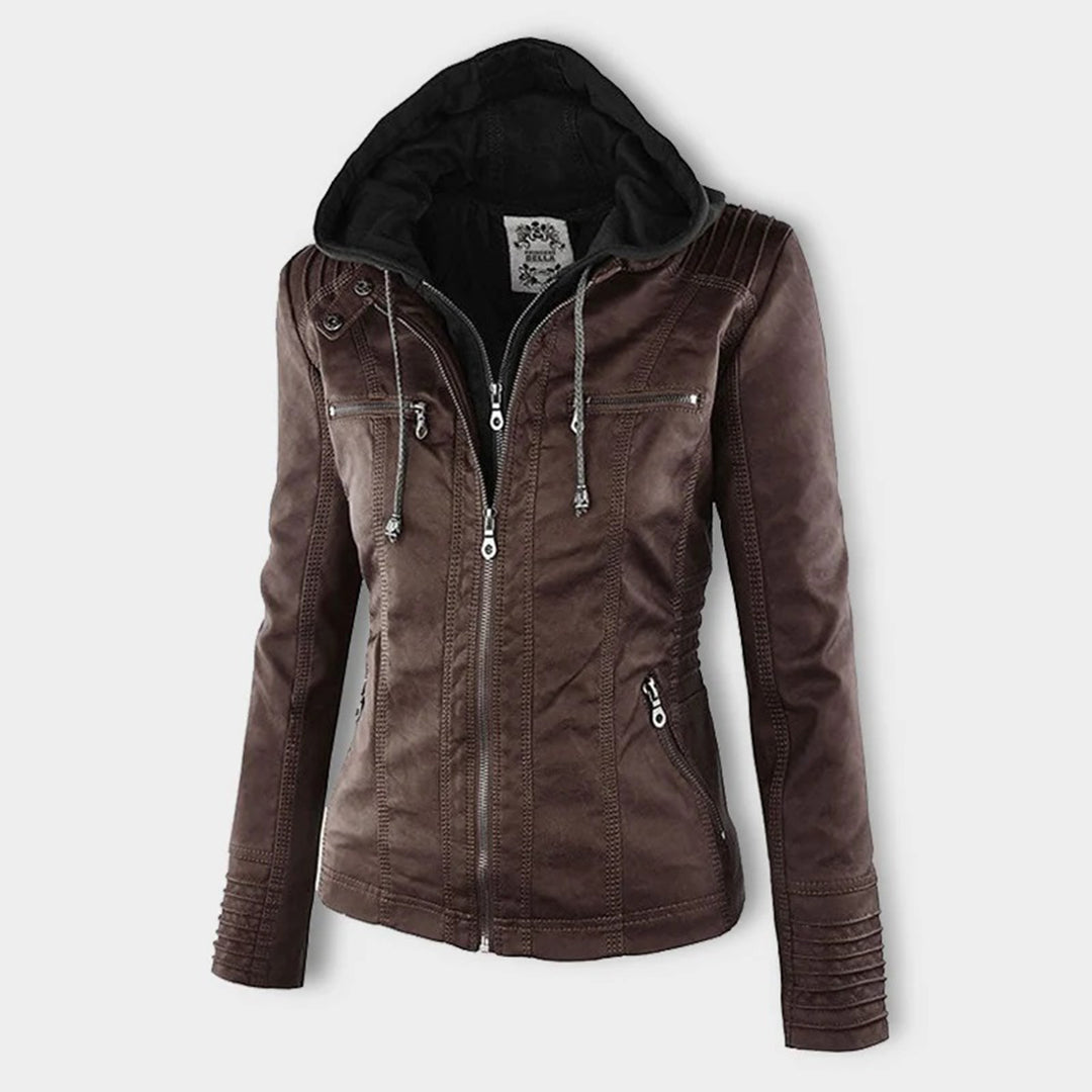 Joanna Hooded Leather Look Biker Jacket in Dark Brown