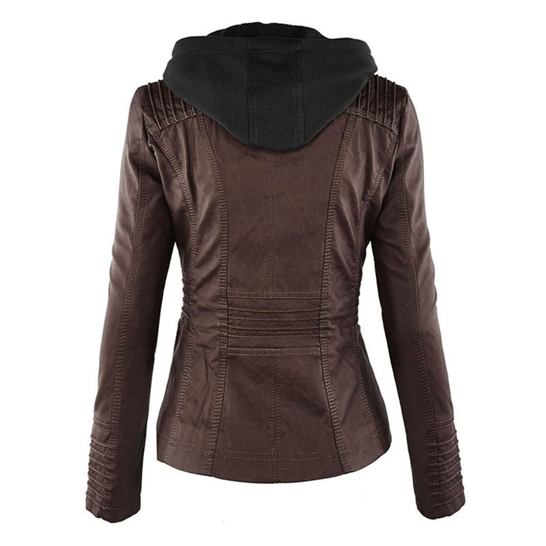 Joanna Hooded Leather Look Biker Jacket in Dark Brown