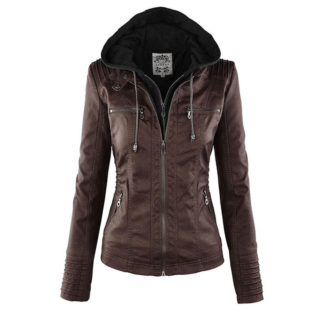 Joanna Hooded Leather Look Biker Jacket in Dark Brown
