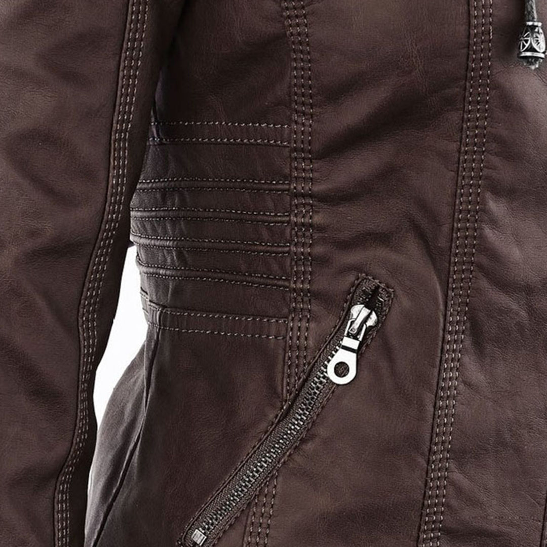 Joanna Hooded Leather Look Biker Jacket in Dark Brown