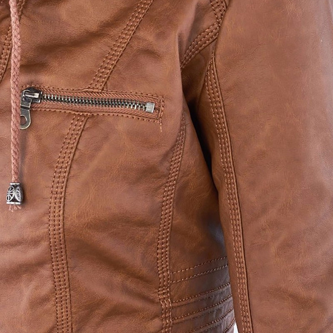 Joanna Hooded Leather Look Biker Jacket in Tan