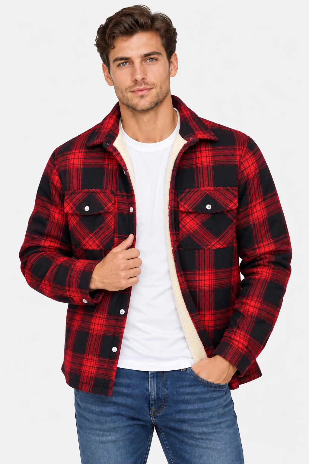Men Plaid Shacket Fleece Lined Chest Pockets