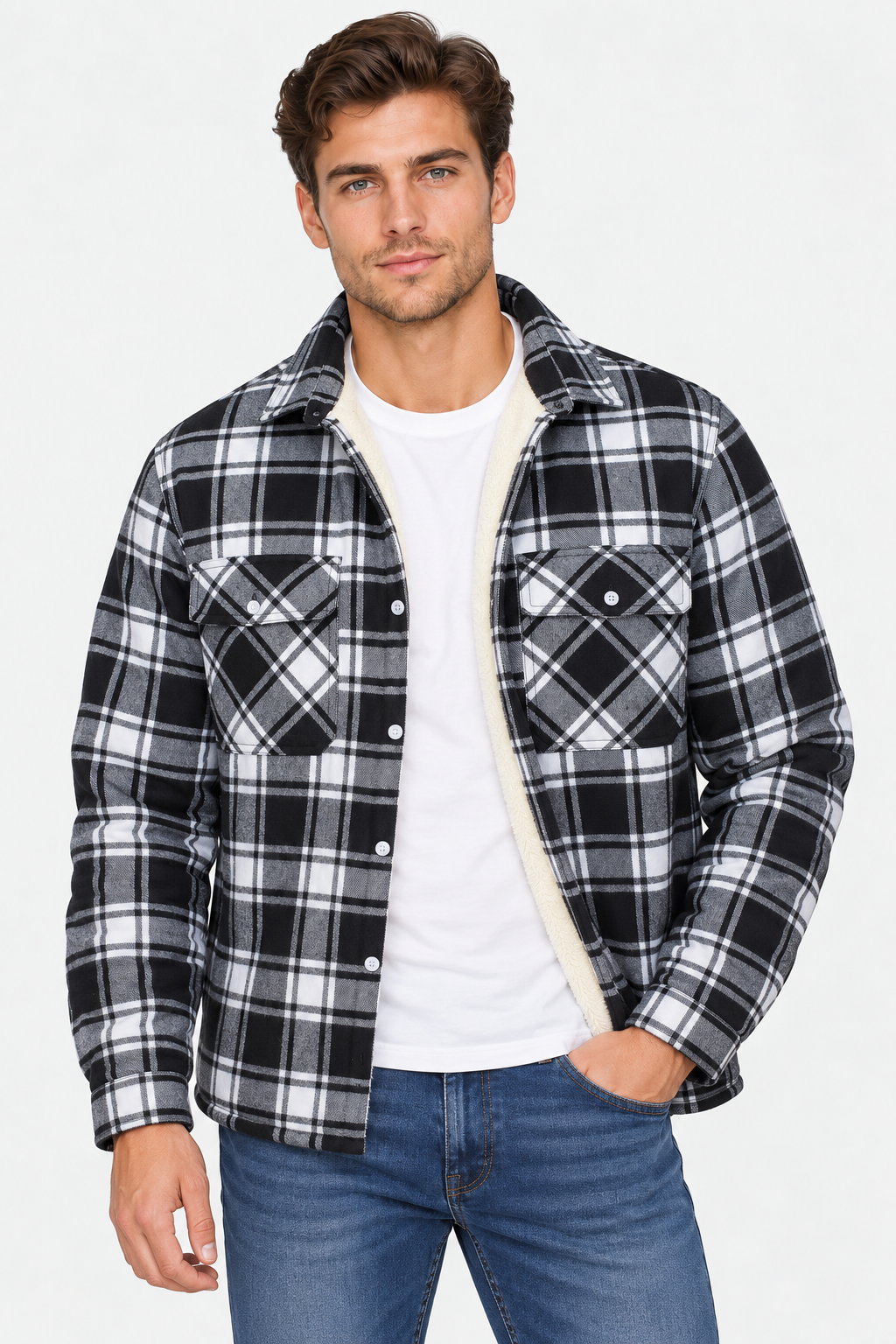Men Plaid Shacket Fleece Lined Chest Pockets