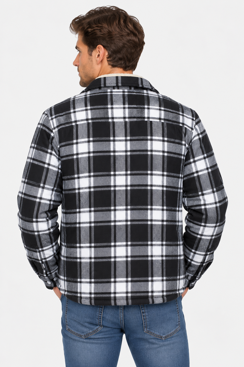Men Plaid Shacket Fleece Lined Chest Pockets