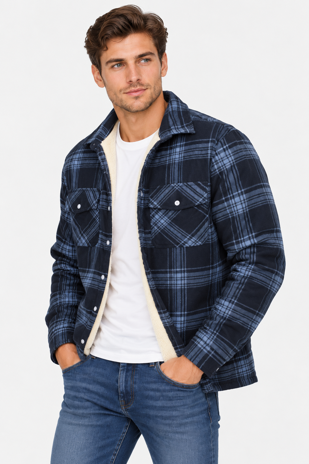 Men Plaid Shacket Fleece Lined Chest Pockets