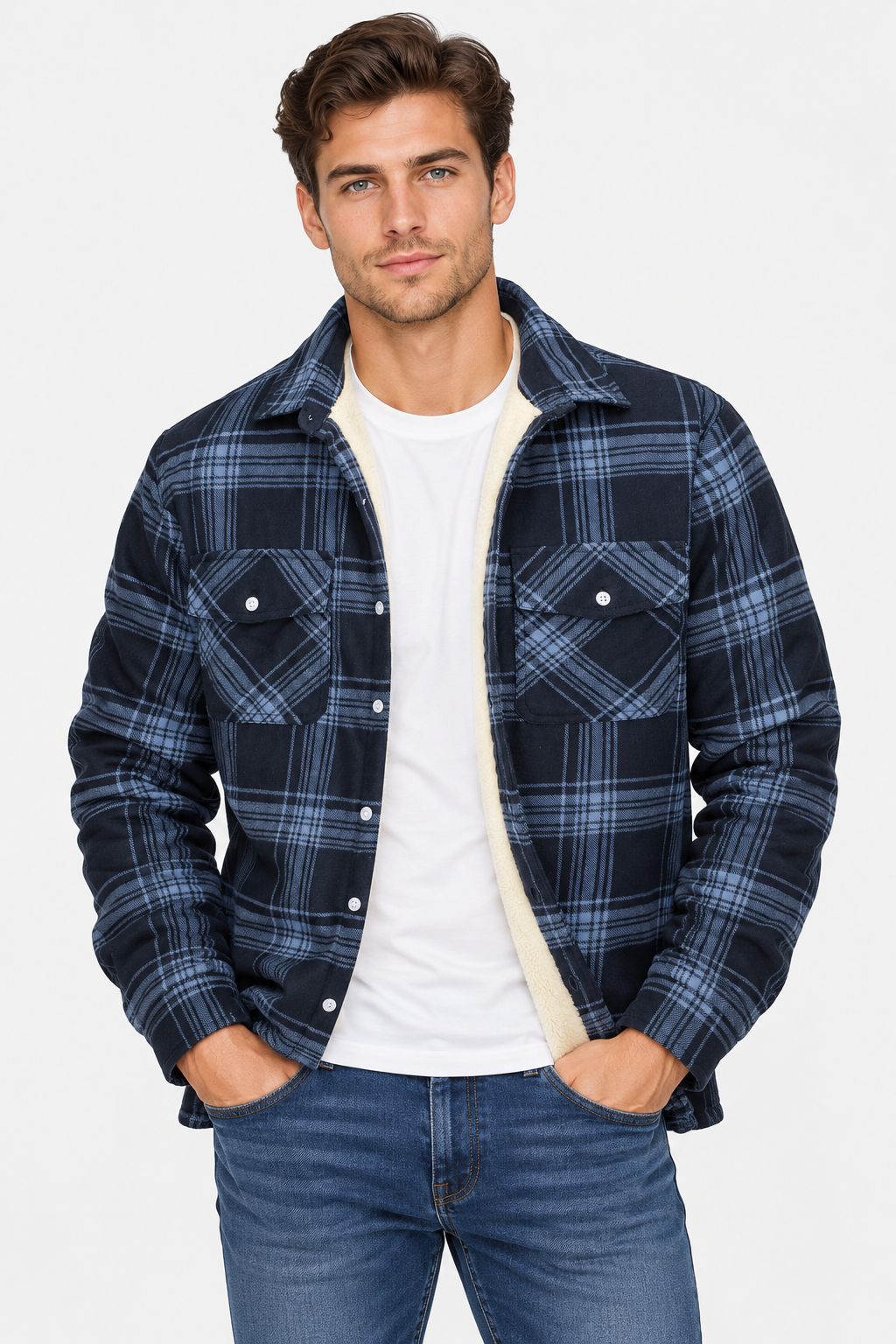 Men Plaid Shacket Fleece Lined Chest Pockets