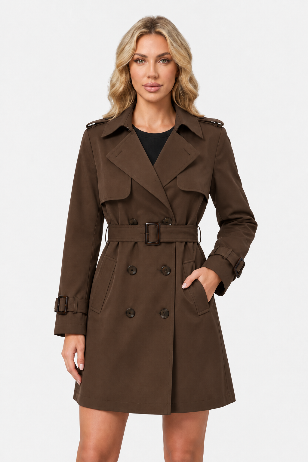 Women Double Breasted Belted Trench Coat
