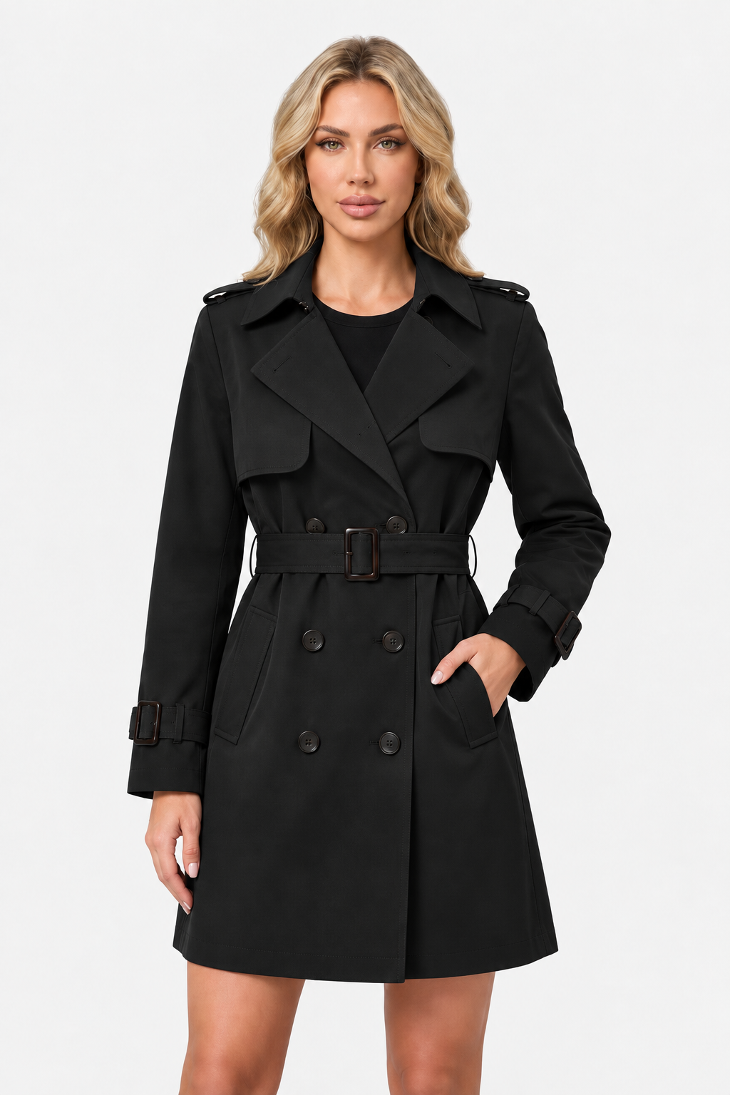 Women Double Breasted Belted Trench Coat